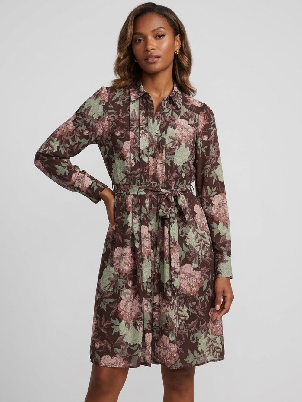 Nanette Lepore Floral Pleated Shirt Dress Brown Pink Green Sz 8